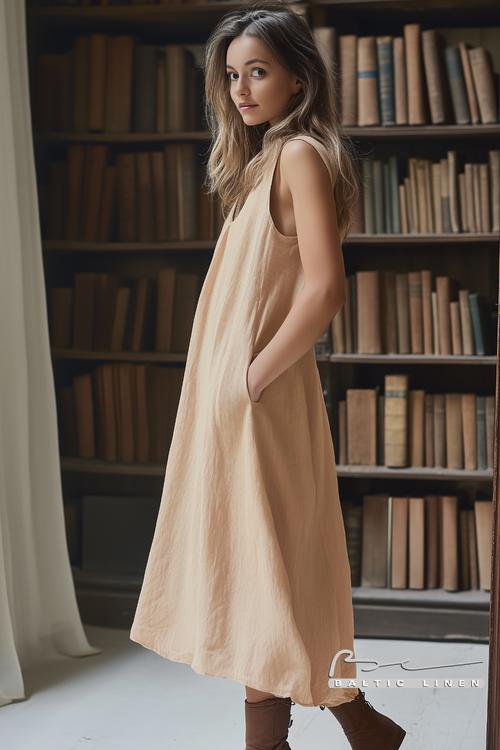Elegant Linen Dress at Pierrefonds Castle: Full Body Fashion Look